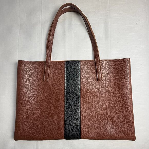 Vince Camuto Luck Brown Black Vegan Leather Tote Bag - Picture 1 of 7